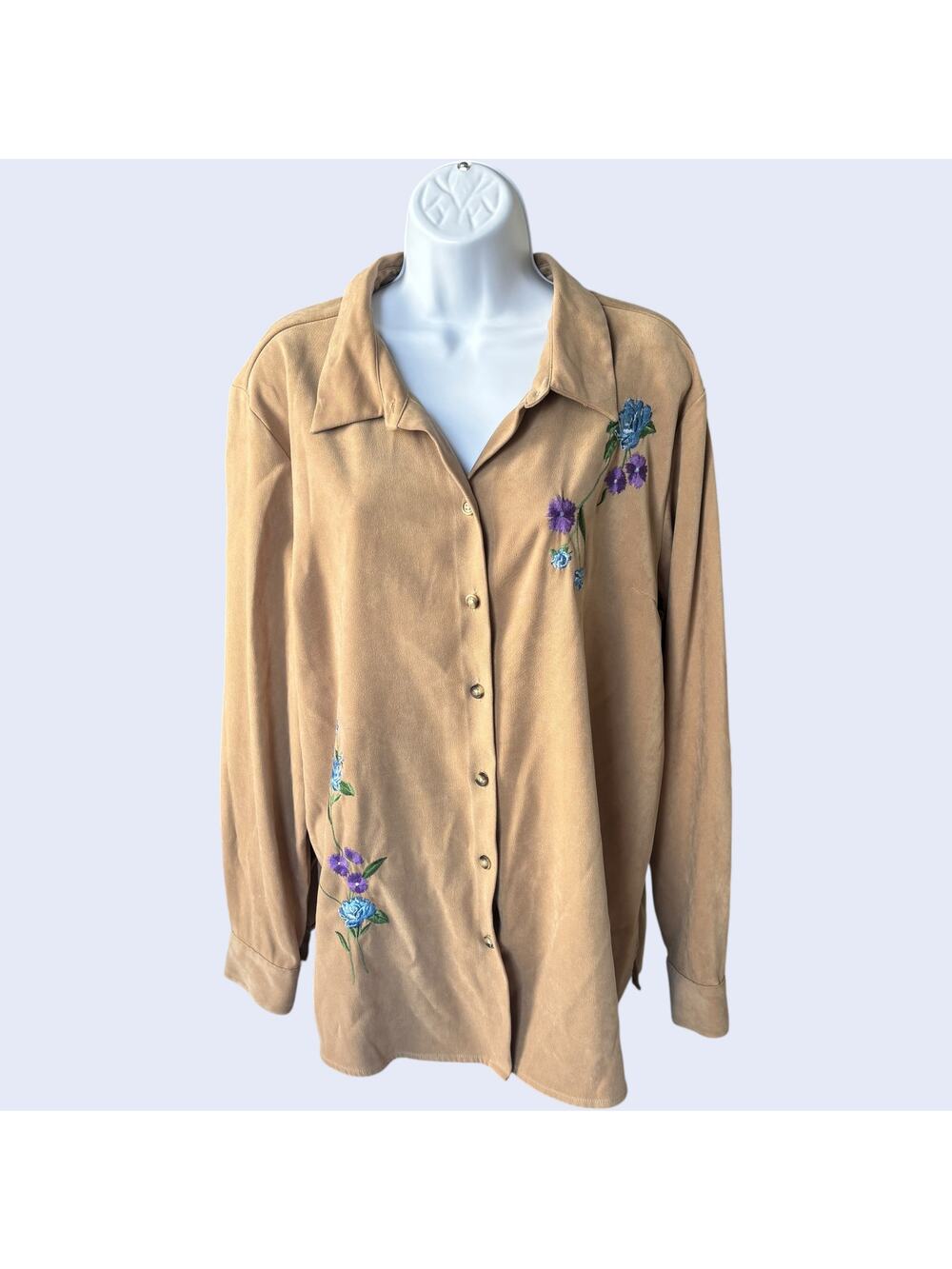 cascade blue L Faux Suede Floral Embroidered Shirt Tan